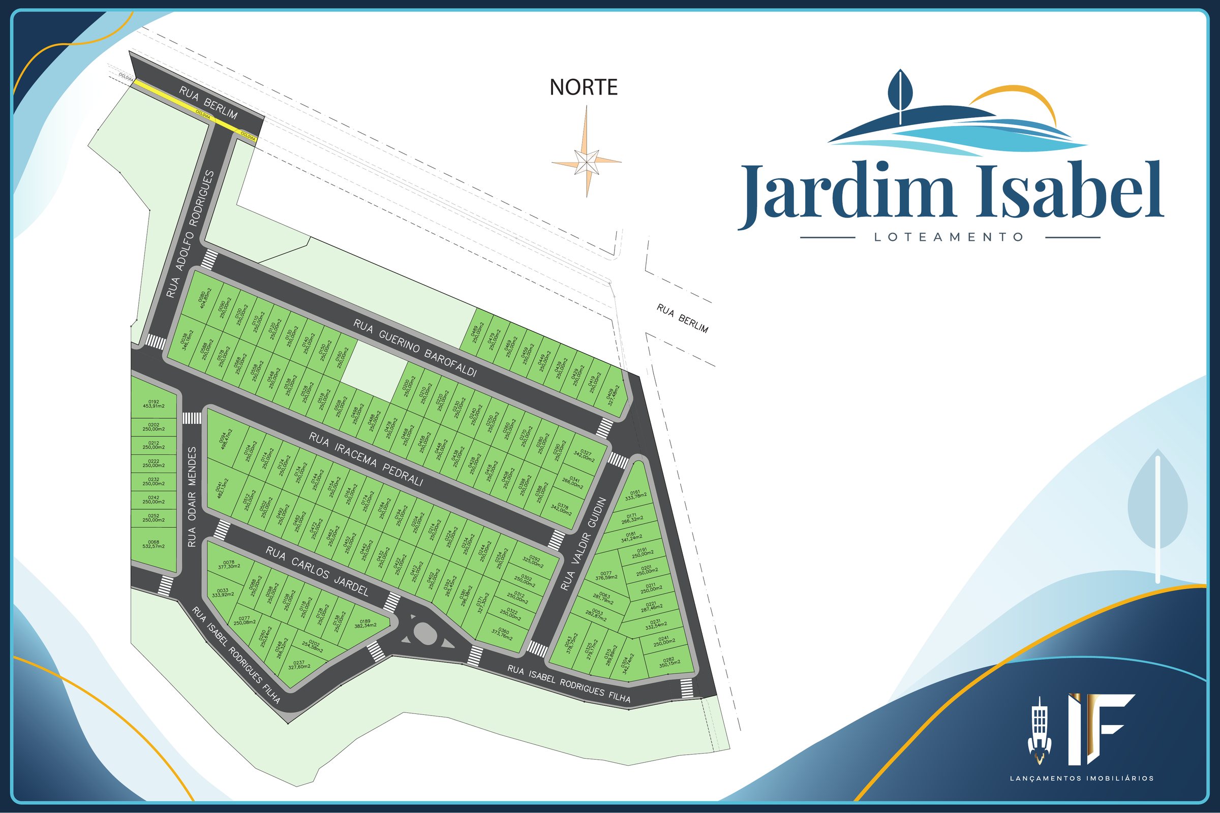 Mapa do Jardim Isabel com ruas, lotes e metragens, em tamanho grande